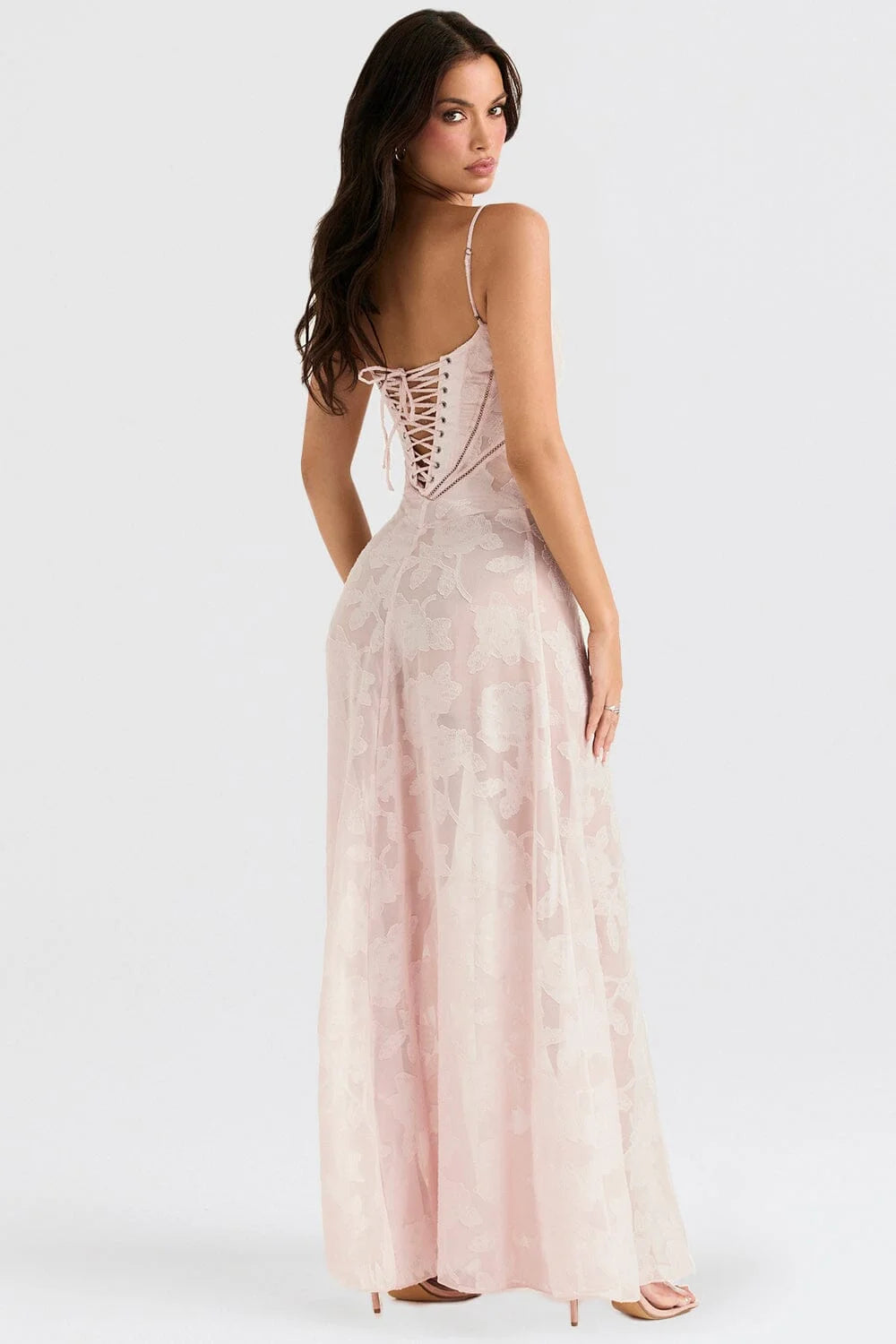 Emmelyn women's slim-fit maxi dress with lace, crafted from soft cotton blend, features intricate lace detailing and…