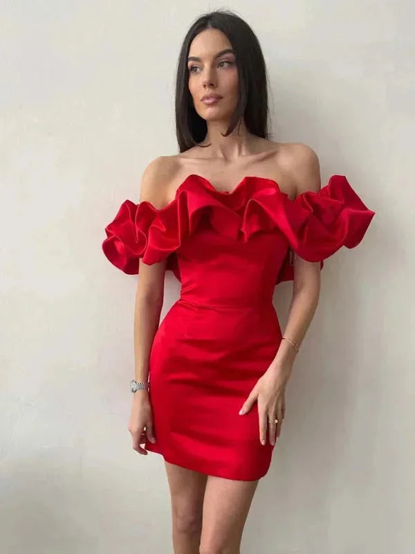 Off-shoulder red mini dress with ruffles, figure-hugging fit, perfect for special occasions.