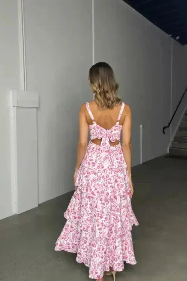 Floral maxi dress in soft, flowy fabric with charming bow back detail for women by Citlaly.