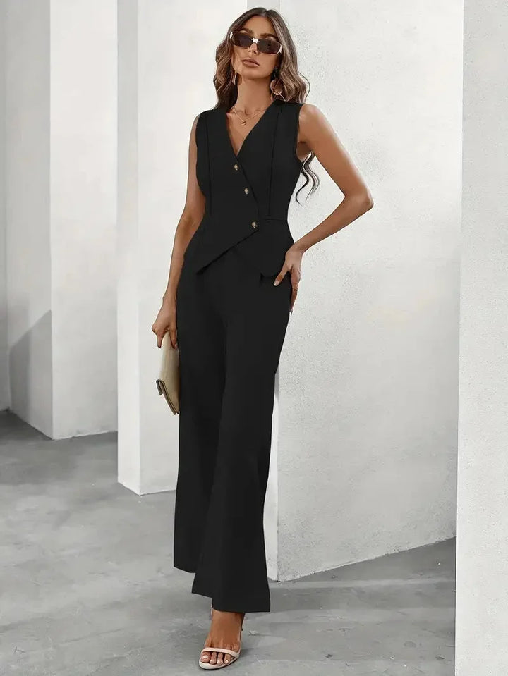 Black tailored vest set with wide-leg pants for women. Features elegant design and premium quality fabric suitable for work…