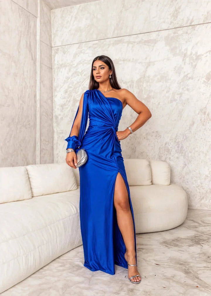 Black satin one-shoulder dress with side slit showcasing a chic and elegant design, perfect for special occasions.