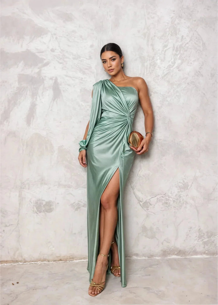 Georgie satin dress in teal, one-shoulder style with side slit, perfect for evening events or special occasions.
