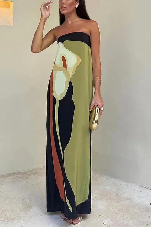 "Strapless maxi dress for women with unique abstract design, perfect for a chic summer look. Made from lightweight and…