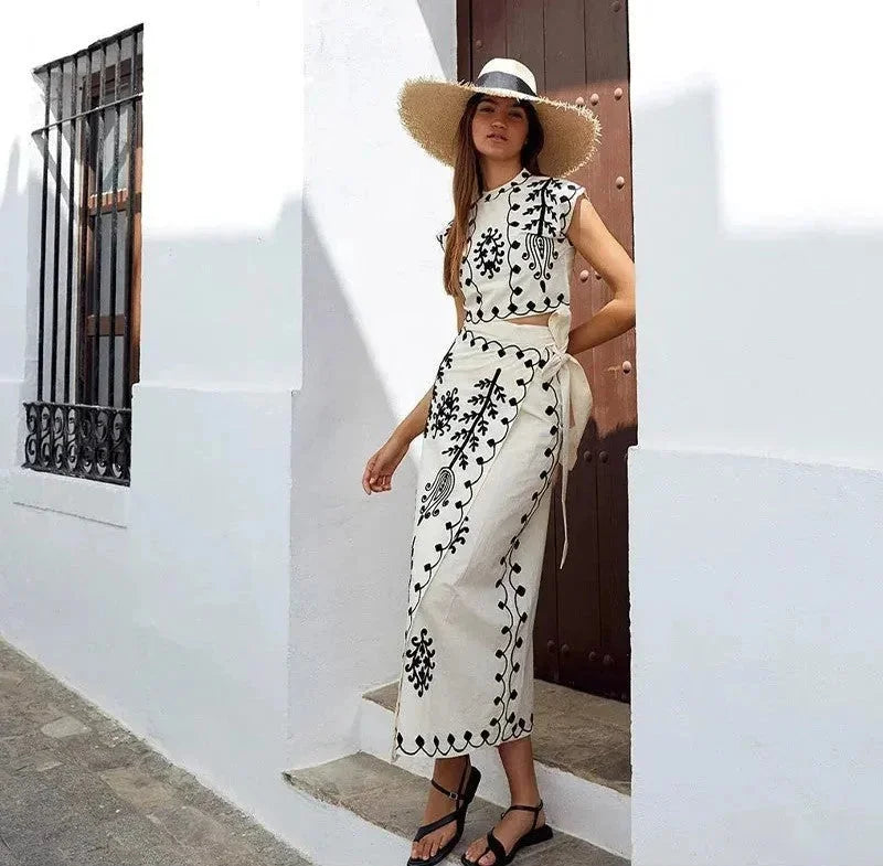 "Sleeveless set for women with intricate embroidery on top and comfortable fabric, Kristine design"