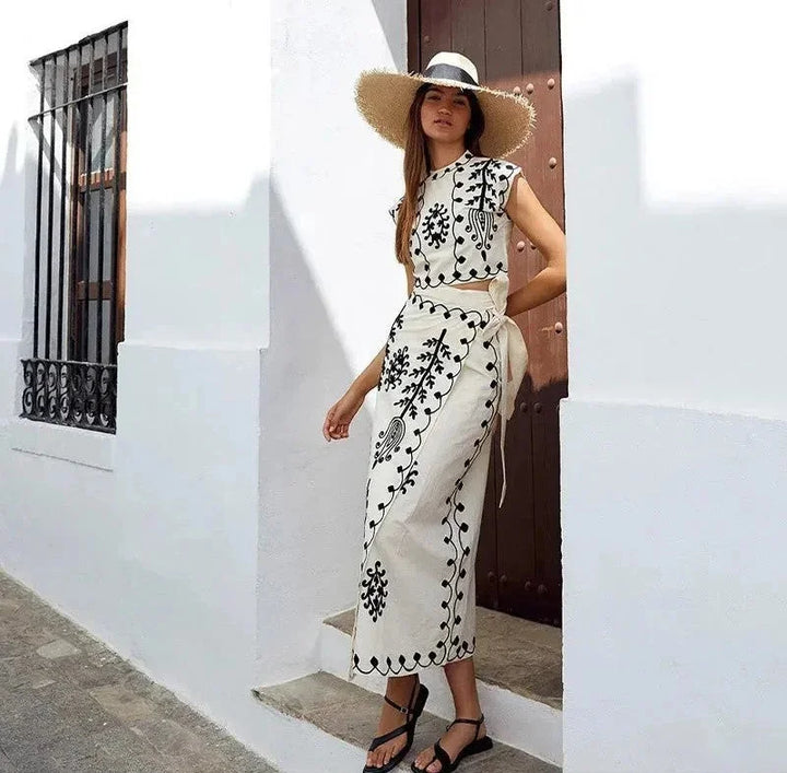 "Sleeveless set for women with intricate embroidery on top and comfortable fabric, Kristine design"