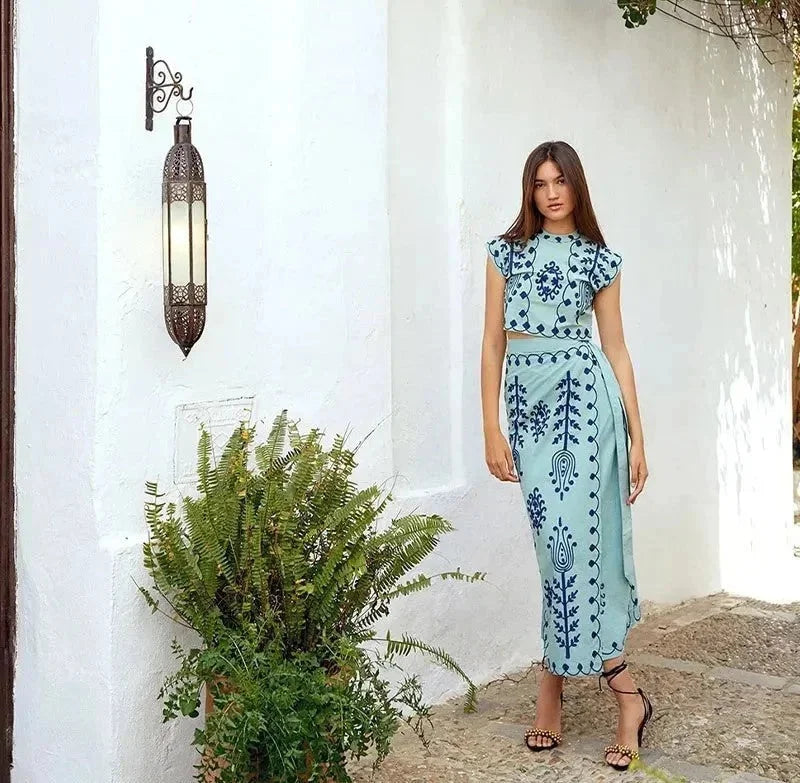 Light Blue sleeveless set with intricate embroidery details for women, made from breathable fabric, perfect for a casual yet…