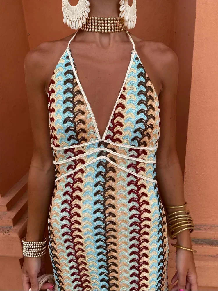 "Women's multicolor chevron maxi dress featuring a bold zig-zag pattern in soft, breathable fabric."