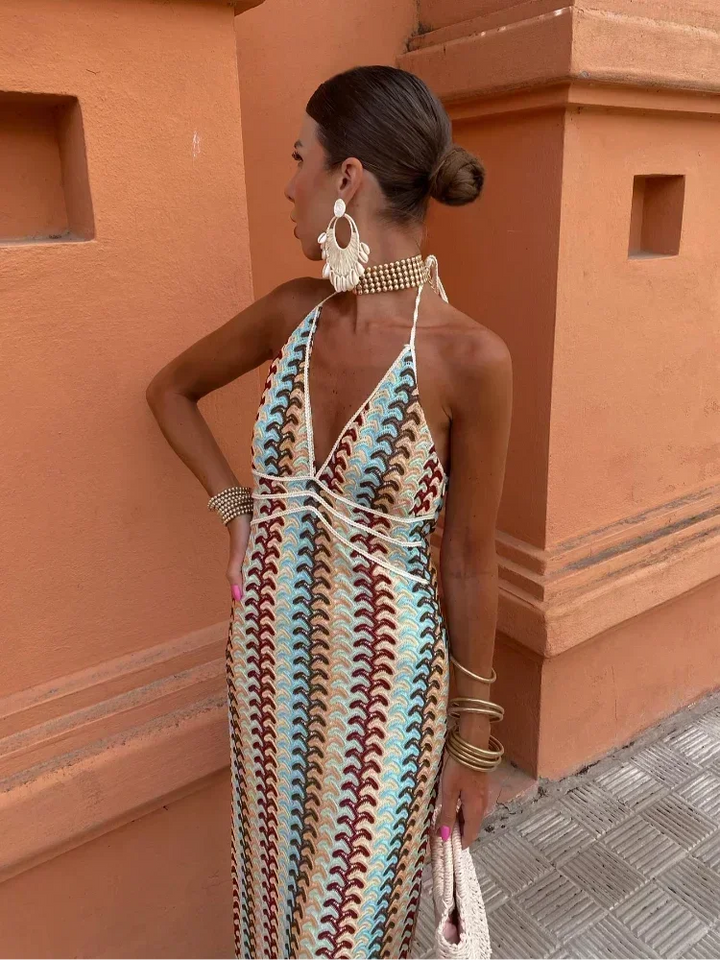 "Womens multicolor chevron maxi dress featuring a vibrant pattern, perfect for a casual or semi-formal look."
