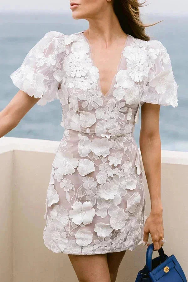 Women’s sheer dress featuring delicate floral appliqué details, perfect for a chic and feminine look.