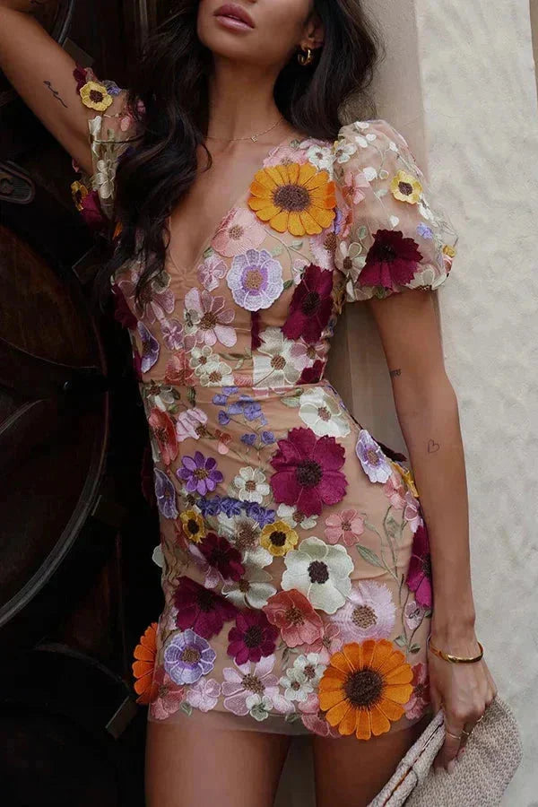 "Multicolor sheer dress with floral appliqué for women, showcasing elegant design and delicate craftsmanship."