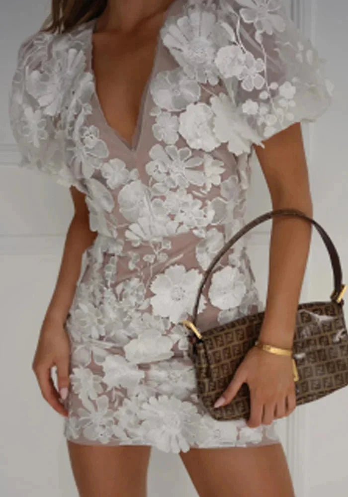 White sheer dress with delicate floral appliqué detailing, perfect for elegant occasions.