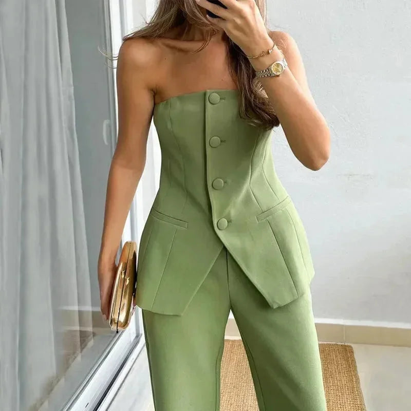 "Milagros Women’s strapless top and stylish pants set in comfortable cotton blend fabric with modern and chic design"