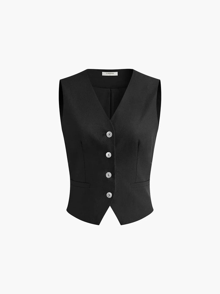 "Women's black vest and matching pants set featuring button embellishments and sleek tailored design."