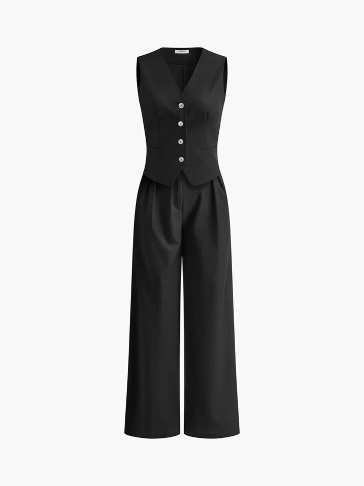 A sleeveless women's vest and pants set in a soft cotton blend with a tailored fit and minimalistic design.