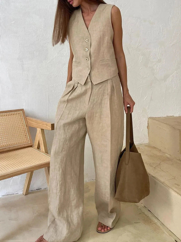 Tan women's vest and pants set with braided trim detail, made from soft cotton blend. Classic and versatile ensemble for…