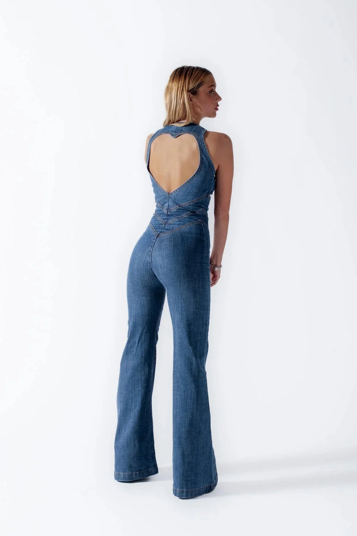 "Sleeveless blue jumpsuit with fitted bodice and flared legs, made of lightweight and breathable fabric, perfect for a…