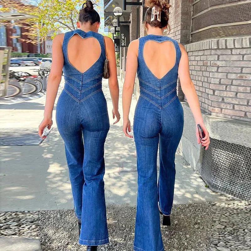 Blue sleeveless jumpsuit with fitted bodice and flared legs. Soft denim material with chic design perfect for casual…