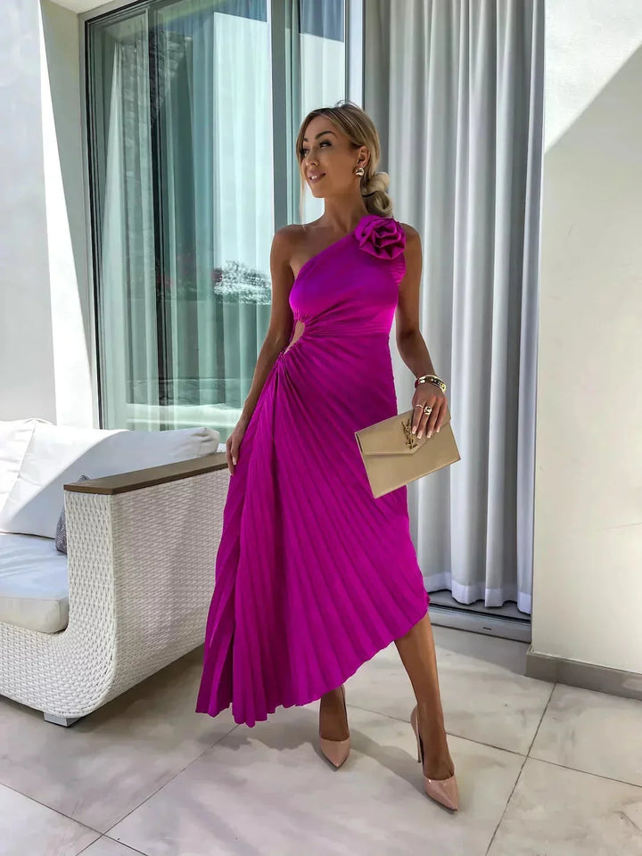 "Rose Red pleated one-shoulder dress for women featuring a stylish asymmetrical design, ideal for casual or formal…