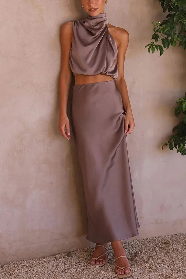Satin halter top and skirt set for women by Zoha, a stylish outfit with a sleek satin material in a matching set design.